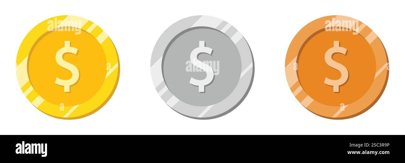 Dollaro, simbolo del dollaro. moneta d'oro, d'argento, di bronzo. Soldi dello stato d'America. Capitale americano, valuta USA. illustrazione vettoriale. sfondo bianco. Illustrazione Vettoriale