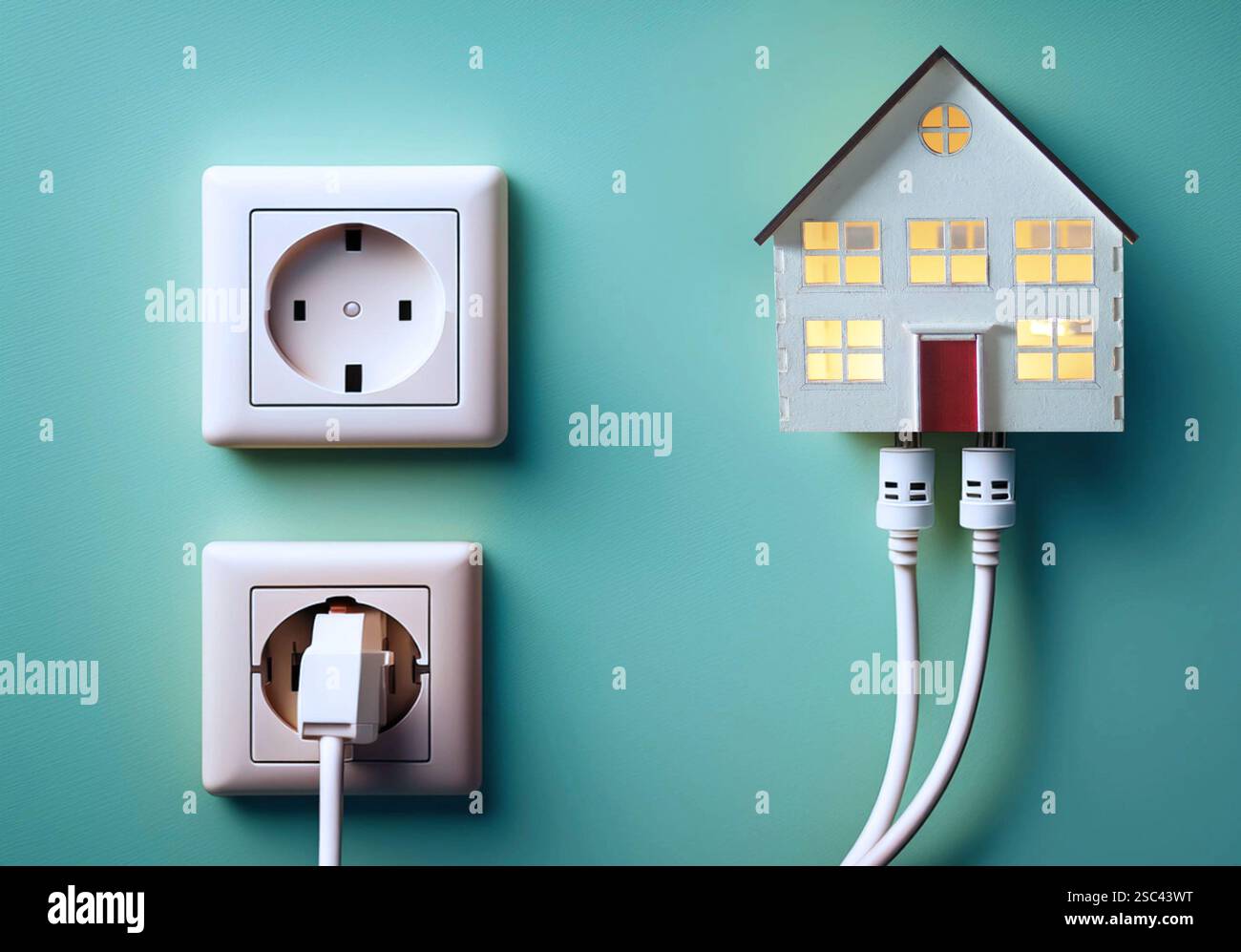 Casa in miniatura collegata a una presa a muro, costo dell'elettricità, riscaldamento e concetto di scelta dei consumatori Foto Stock