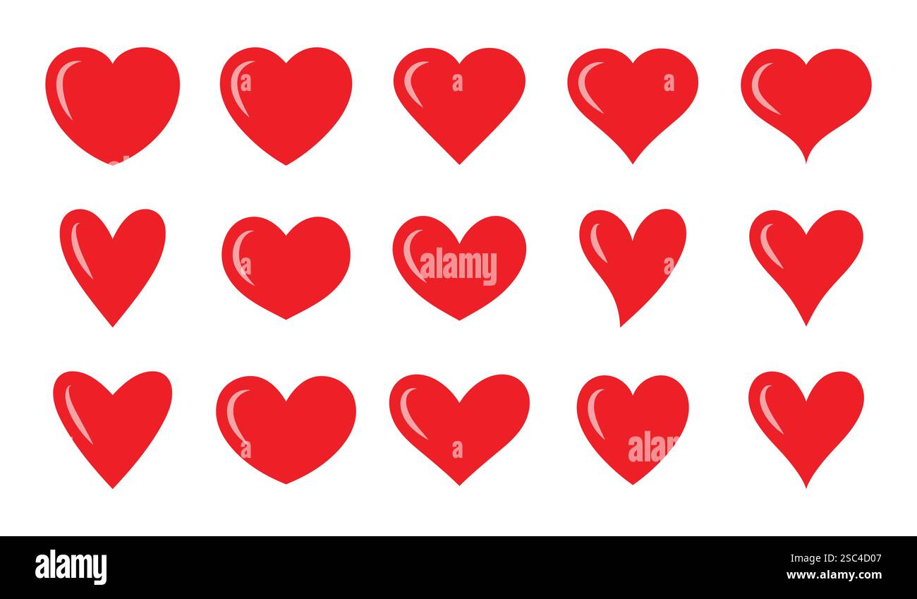 vari set di cuore lucido di colore rosso. icona cuore. illustrazione vettoriale. Illustrazione Vettoriale
