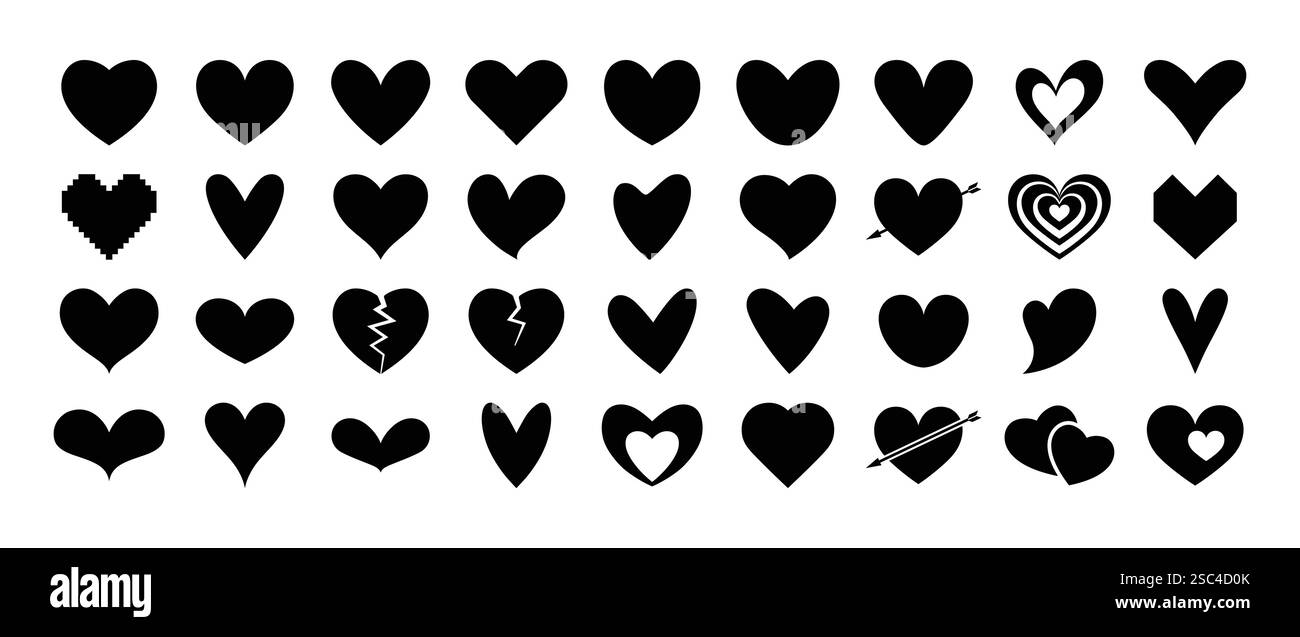 icone nere del set di cuori in stile diverso e illustrazione vettoriale. Illustrazione Vettoriale