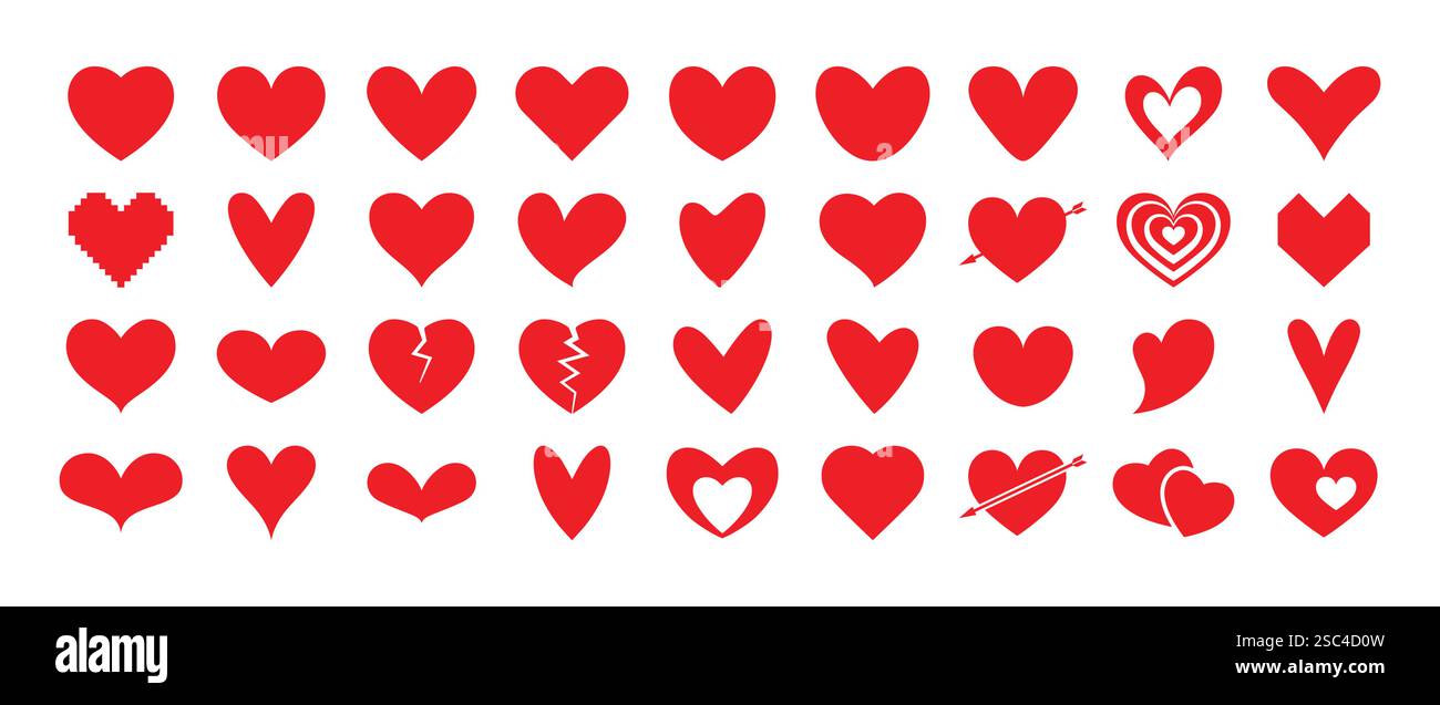 icone rosse del set di cuori in stili diversi, illustrazione vettoriale. amo gli uccelli. speciale san valentino. Illustrazione Vettoriale