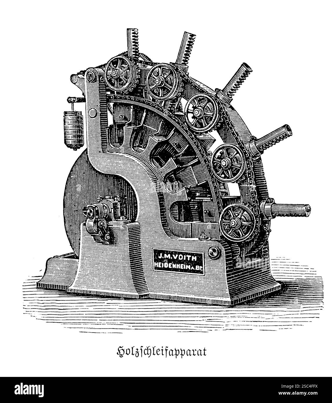 Voith Pulp Grinder, XIX secolo. Un'incisione dettagliata di una smerigliatrice per polpa Voith del XIX secolo, un dispositivo rivoluzionario che ha consentito la produzione di carta di massa. Il macchinario, con le sue macine rotanti e i suoi componenti meccanici, rappresenta il passaggio dalla fabbricazione della carta a base di stracci a quella in pasta di legno, alimentando l'espansione di giornali e libri. Foto Stock