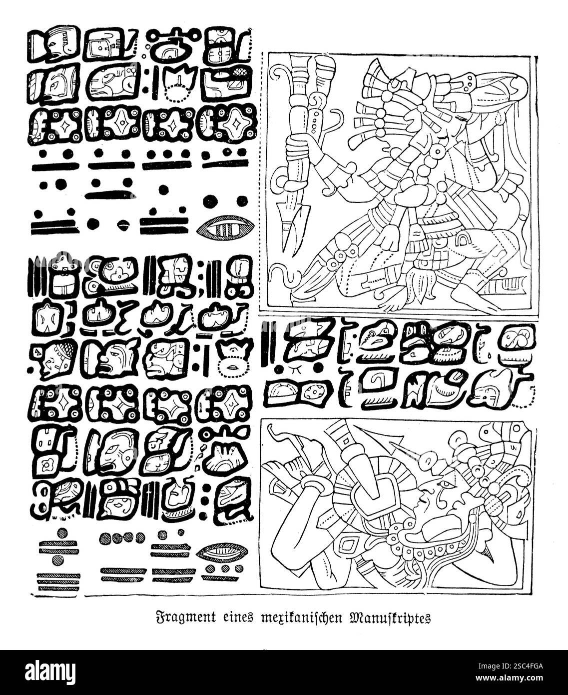 Frammenti dell'antico manoscritto messicano con figure guerriere e simboli. Un raro assaggio della tradizione manoscritta precolombiana, con figure guerriere, pittogrammi e simboli sacri. Questi frammenti riflettono la narrazione indigena, la storia e le pratiche religiose prima dell'influenza europea. Foto Stock