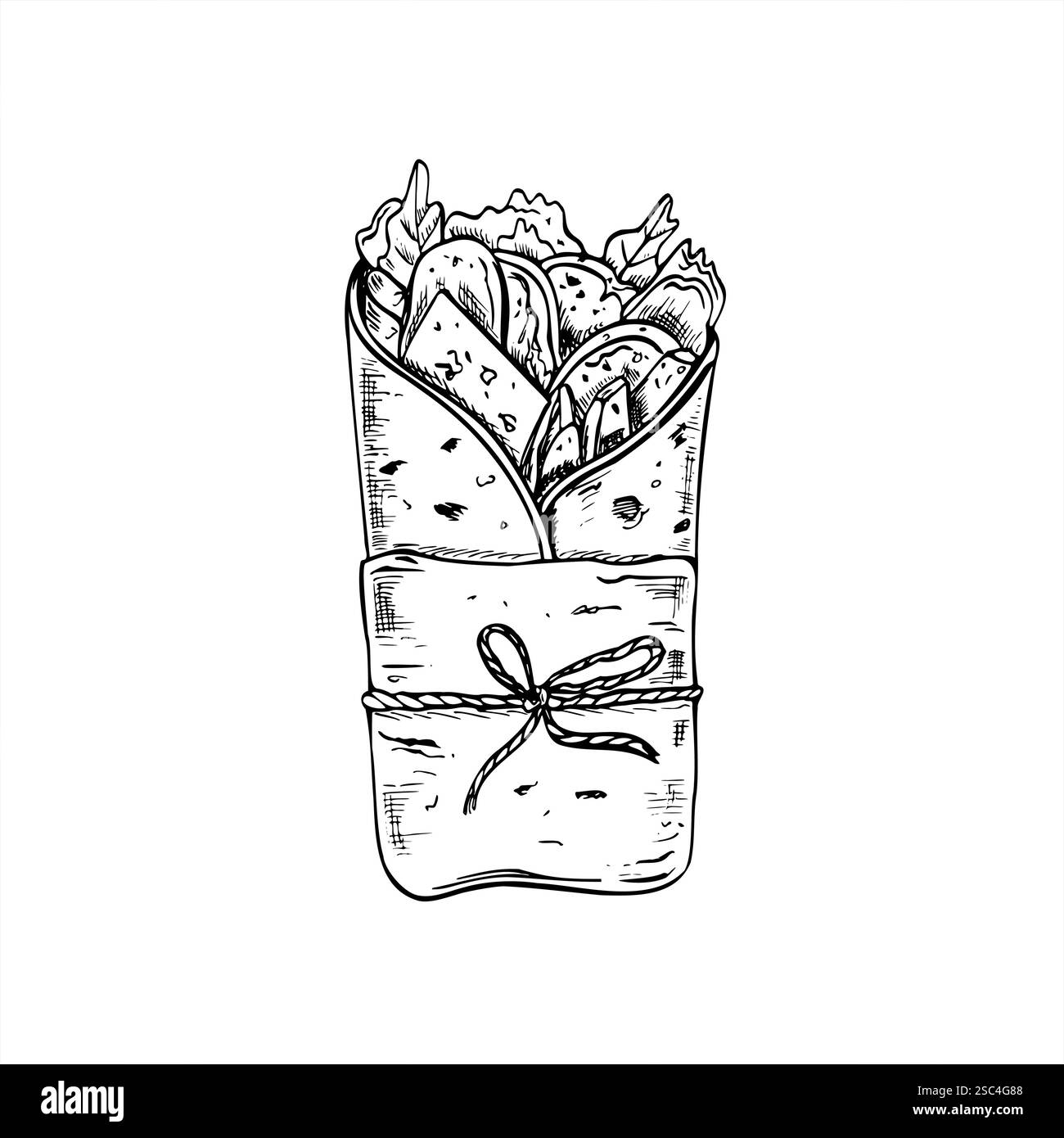 Burrito avvolto in un tovagliolo di carta, legato con inchiostro a filo in bianco e nero. Tortilla di farina ripiena di verdure, formaggio, foglia di insalata Illustrazione Vettoriale