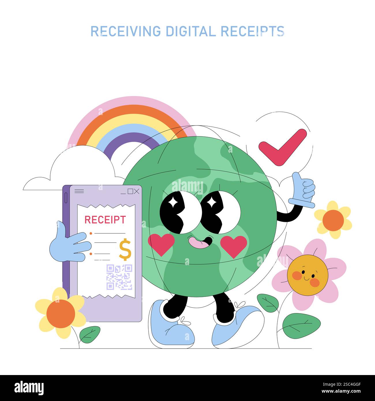 Concetto di tecnologie finanziarie. Un allegro personaggio del portafoglio digitale riceve ricevute elettroniche, promuovendo transazioni senza carta. Gestione finanziaria ecocompatibile. Illustrazione vettoriale. Illustrazione Vettoriale