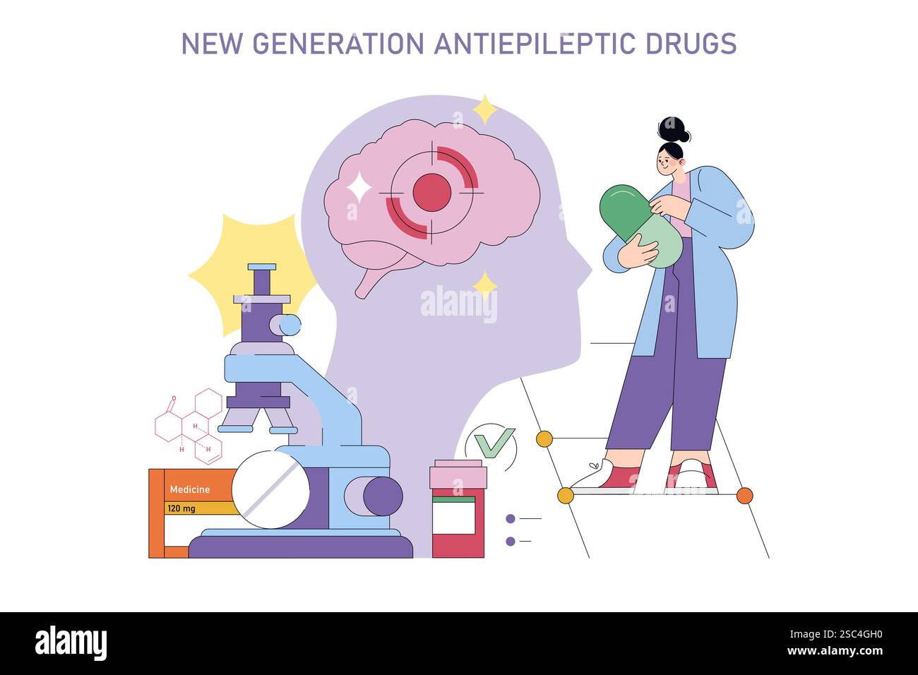 La giornata internazionale dell'epilessia promuove la consapevolezza dell'epilessia e fa progressi nel trattamento. Questa illustrazione mette in evidenza i farmaci antiepilettici di nuova generazione, con uno scienziato, un modello cerebrale e un microscopio, che rappresentano l'innovazione nella ricerca e nella cura dei pazienti. La visione trasmette speranza e progresso nella gestione dell'epilessia attraverso la medicina moderna. Illustrazione Vettoriale