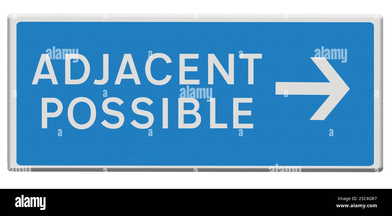 Segnale stradale composito digitale adiacente possibile l'adiacente possibile è una teoria che può spiegare tutto, dalla biologia evolutiva all'innovazione industriale. In esso sono disponibili una serie di parametri che consentono alle situazioni adiacenti di evolversi per creare nuove situazioni. Foto Stock