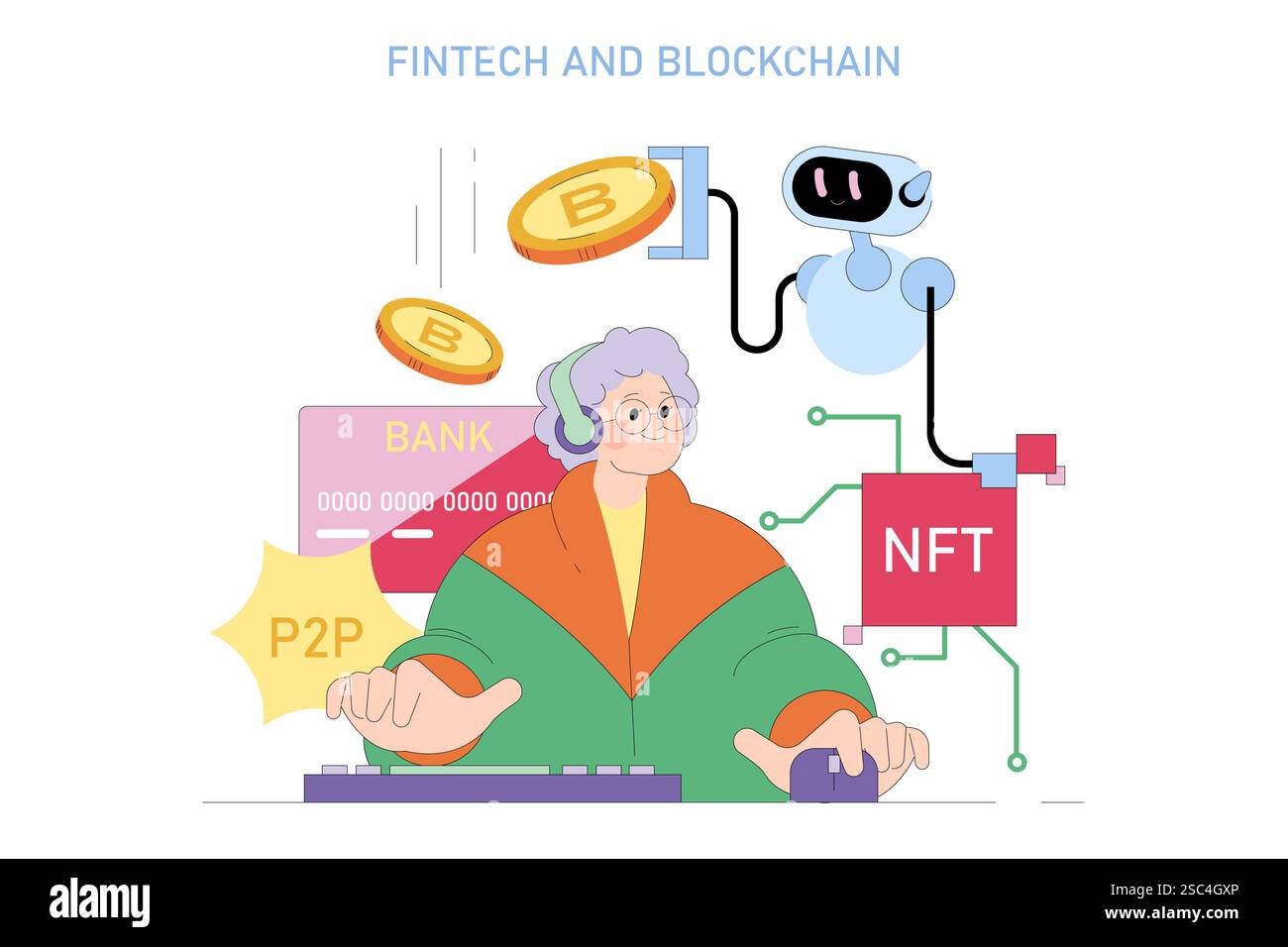 Integrazione di tecnologia finanziaria e blockchain. Donna anziana che esplora la finanza digitale con criptovaluta, blockchain, transazioni P2P, NFT e tecnologia ai. Illustrazione vettoriale. Illustrazione Vettoriale