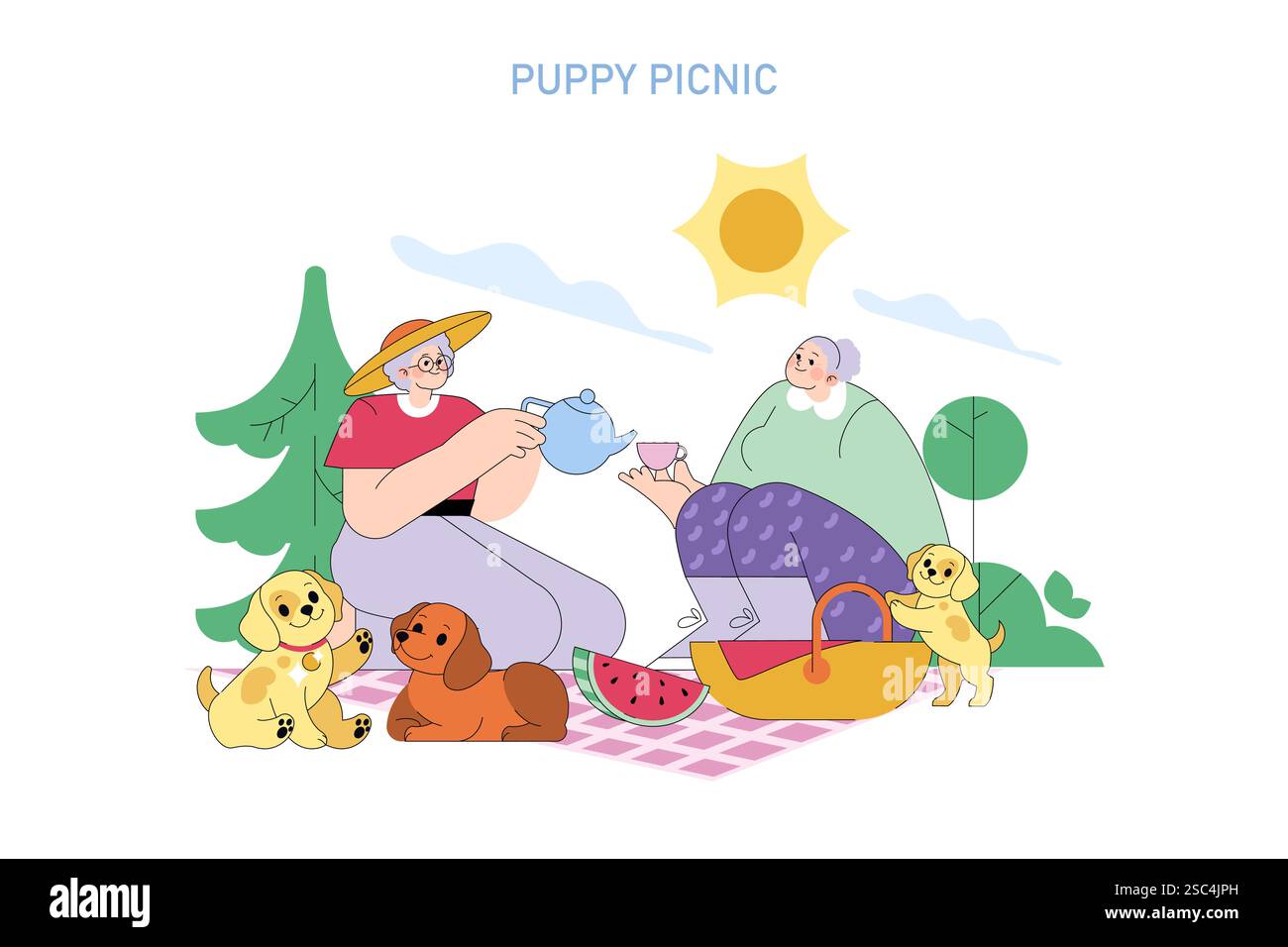 Picnic con cuccioli. Un vivace raduno all'aperto con due persone anziane che si godono il tè accanto ai loro cuccioli giocosi. La scena cattura l'essenza della gioia e della compagnia nella natura. Il divertimento, le risate e il calore del sole, in cui sono ammessi gli animali domestici, creano un'atmosfera emozionante. Illustrazione vettoriale. Illustrazione Vettoriale