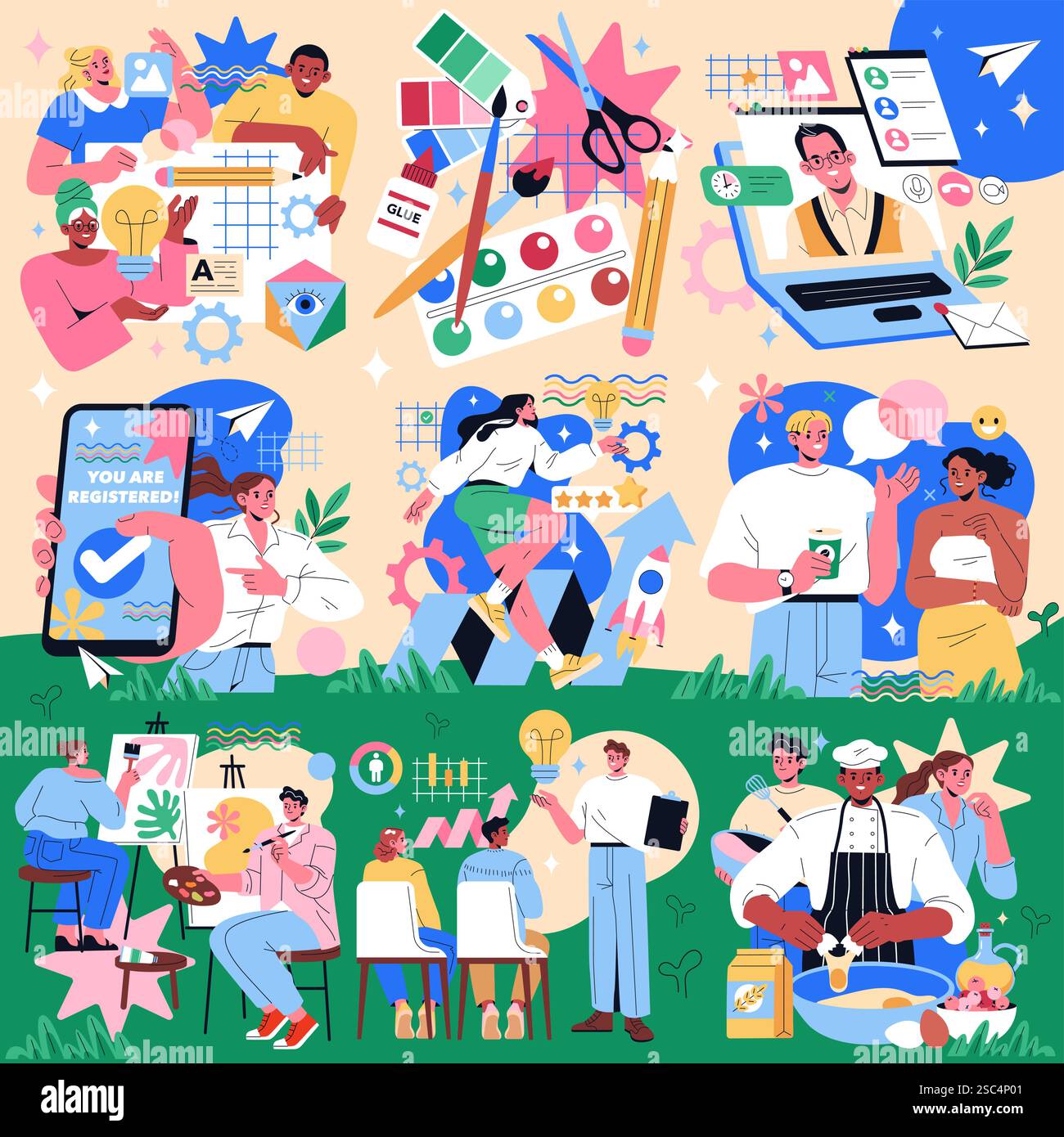 Workshop e corsi creativi per lo sviluppo delle competenze. I partecipanti si impegnano in varie attività, tra cui arte, cucina e brainstorming. Queste sessioni favoriscono la crescita della comunità e della persona. Illustrazione vettoriale. Illustrazione Vettoriale