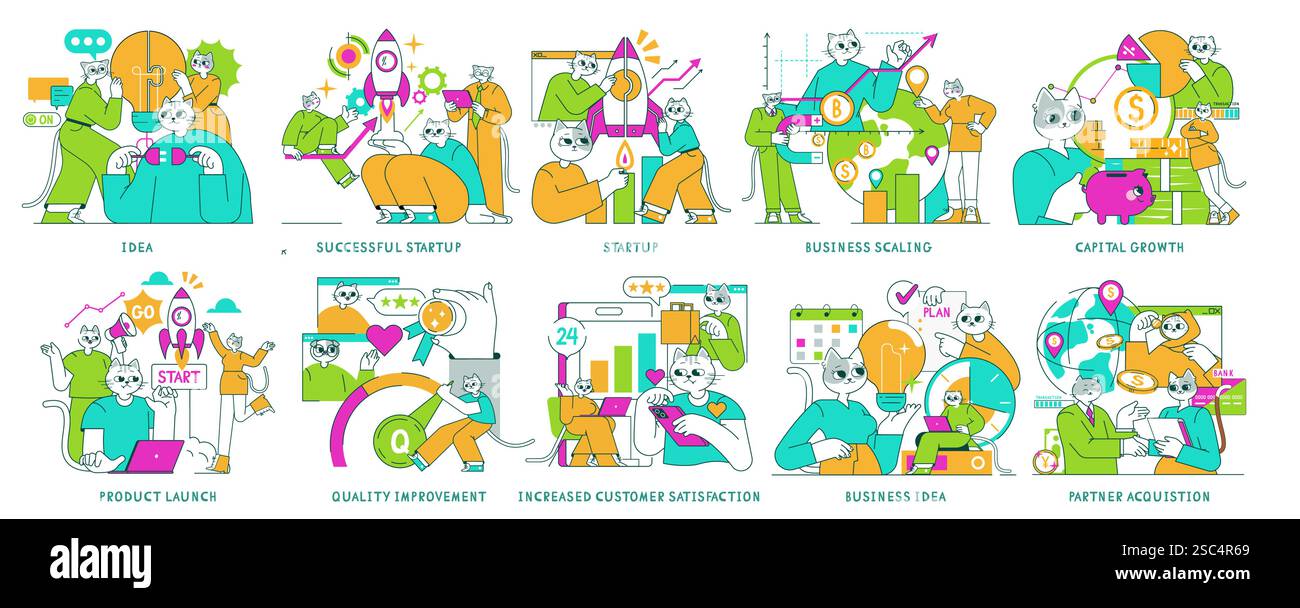 Fasi del processo di avvio illustrate in una serie di scene coinvolgenti. Mette in evidenza la generazione di idee, il lancio, la scalabilità, il miglioramento della qualità e la soddisfazione del cliente dal concept alla crescita del capitale. Illustrazione vettoriale. Illustrazione Vettoriale
