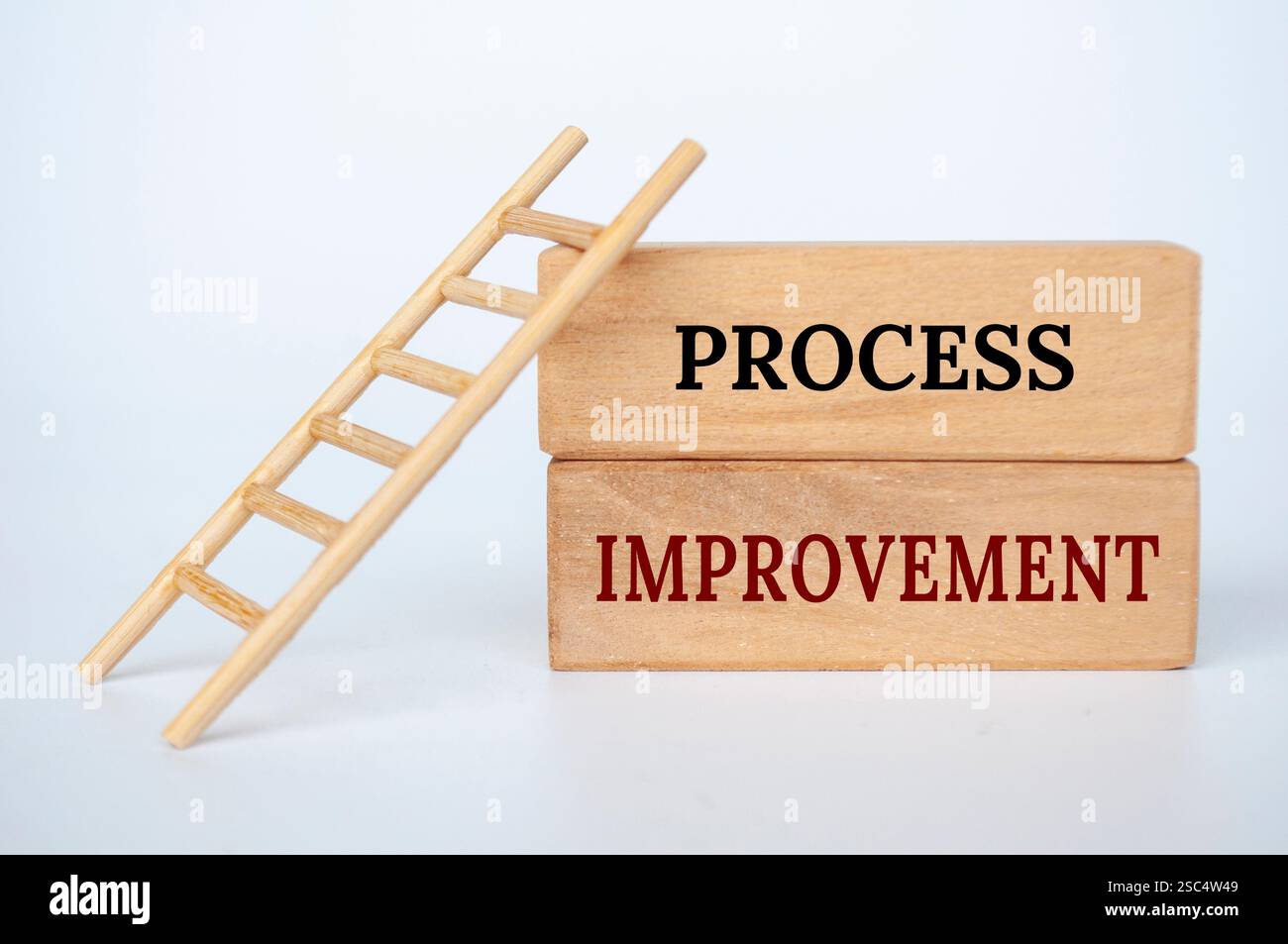 Testo per il miglioramento del processo su blocchi di legno con sfondo a scala piccola. Concetto di miglioramento del business e dei processi. Foto Stock