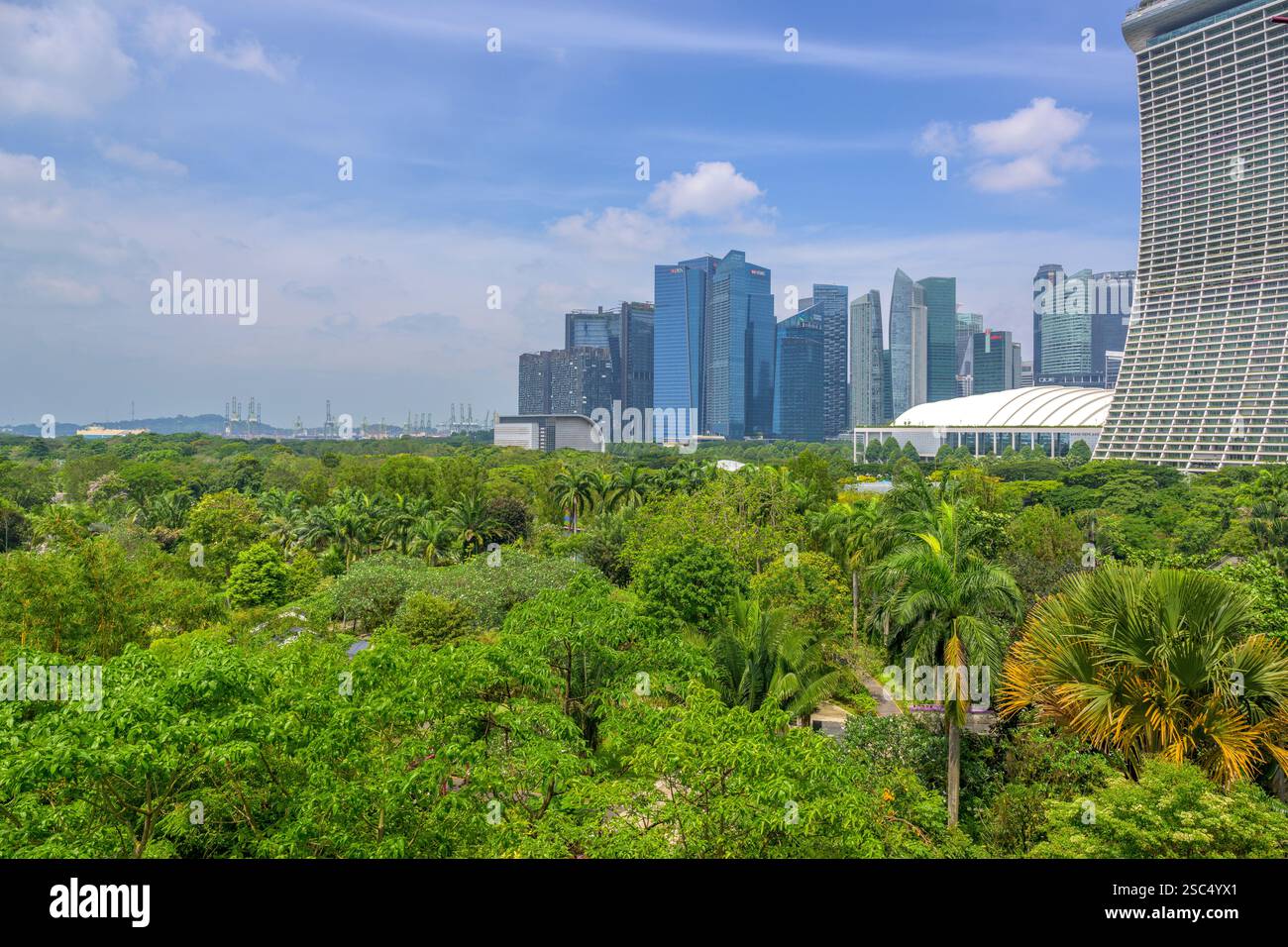 Il Marina Bay Sands Hotel e i grattacieli del Centro finanziario di Singapore dall'OCBC Skyway nel Supertree Grove Foto Stock