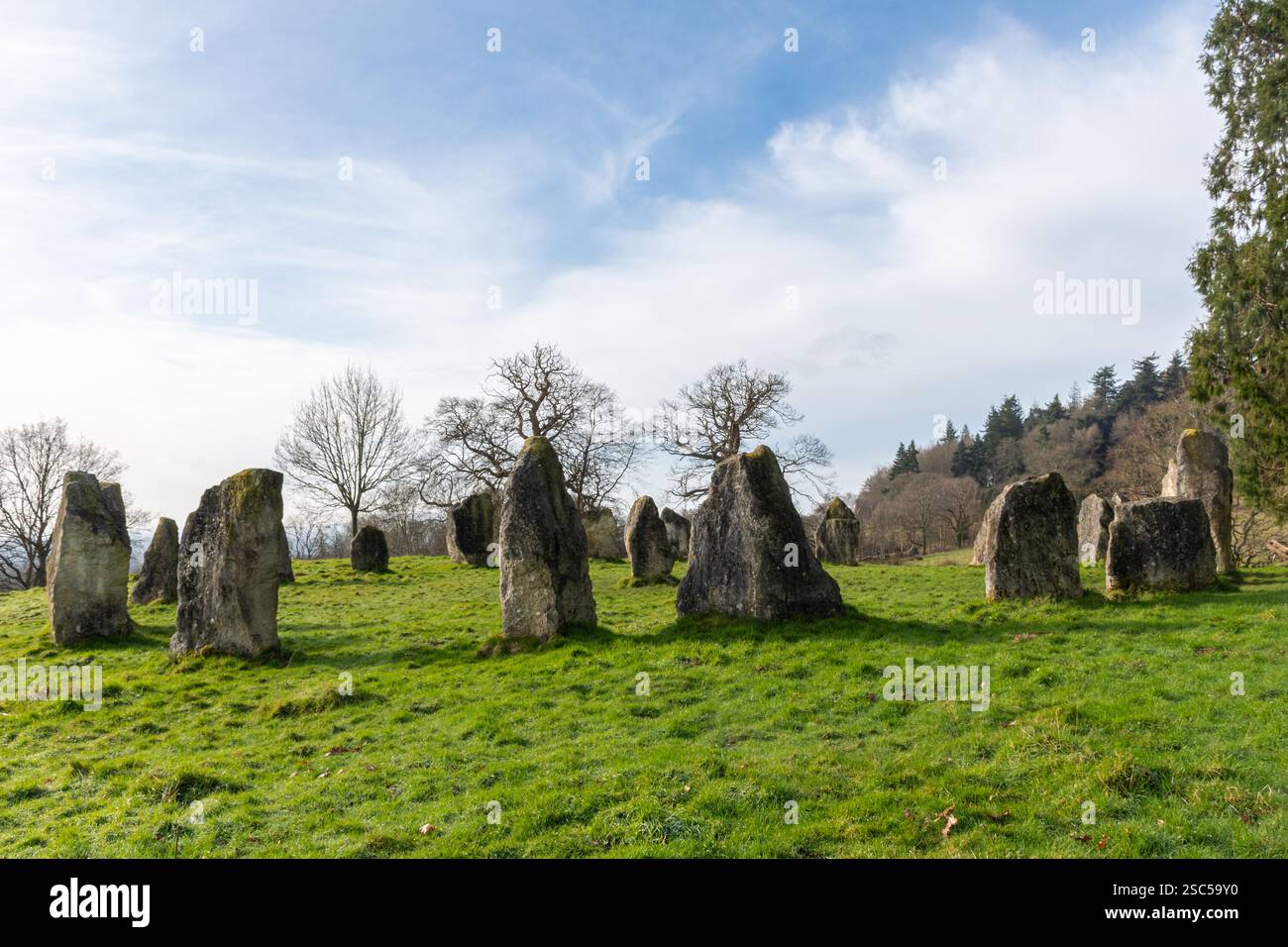 The Dragonstones on Hascombe Hill, un moderno cerchio di pietre nel Surrey Hills National Landscape, Surrey, Inghilterra, Regno Unito, durante l'inverno Foto Stock