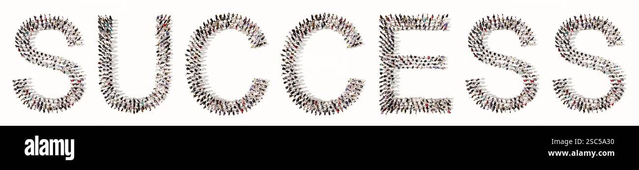 Concetto concettuale ampia comunità di persone che formano la parola di SUCCESSO. metafora dell'illustrazione 3d per aziende, team, lavoro di squadra, gestione, cooperazione Foto Stock