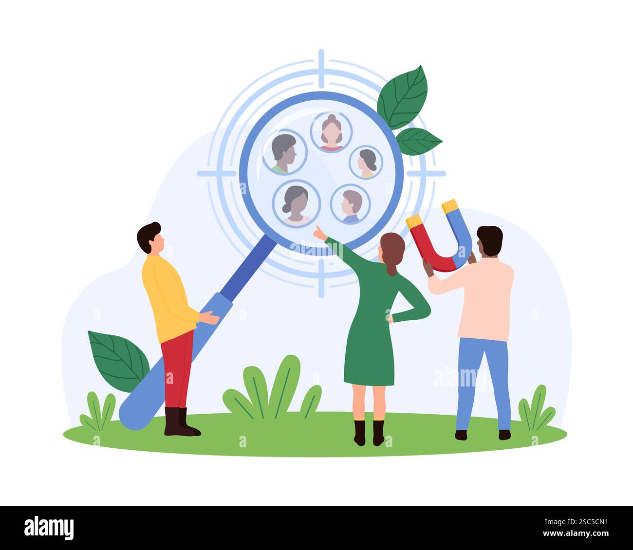 Piccole persone che utilizzano strumenti per identificare il pubblico di destinazione, concentrandosi sui dati demografici e sulle informazioni sui clienti, evidenziando l'illustrazione vettoriale della segmentazione del mercato. Illustrazione Vettoriale