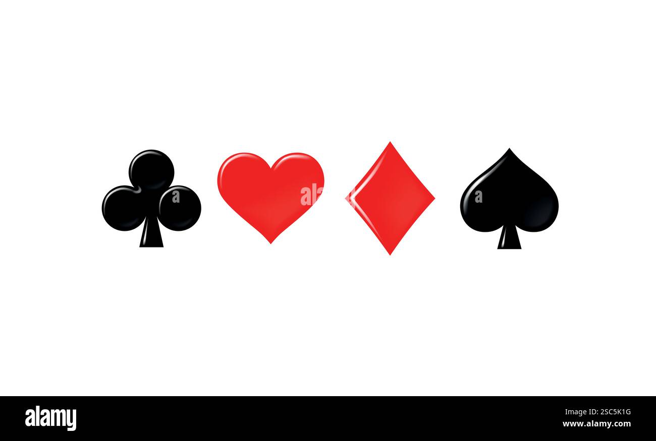 Icone della tuta delle carte, Suit Diamonds Hearts Spades Icons, Casino Poker ed elementi grafici del gioco d'azzardo. Illustrazione Vettoriale