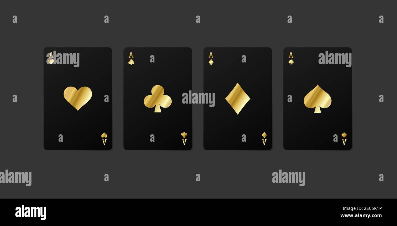 Quattro razze nere dorate che giocano a carte. Cuori, picche, diamanti, carte completo. Illustrazione Vettoriale