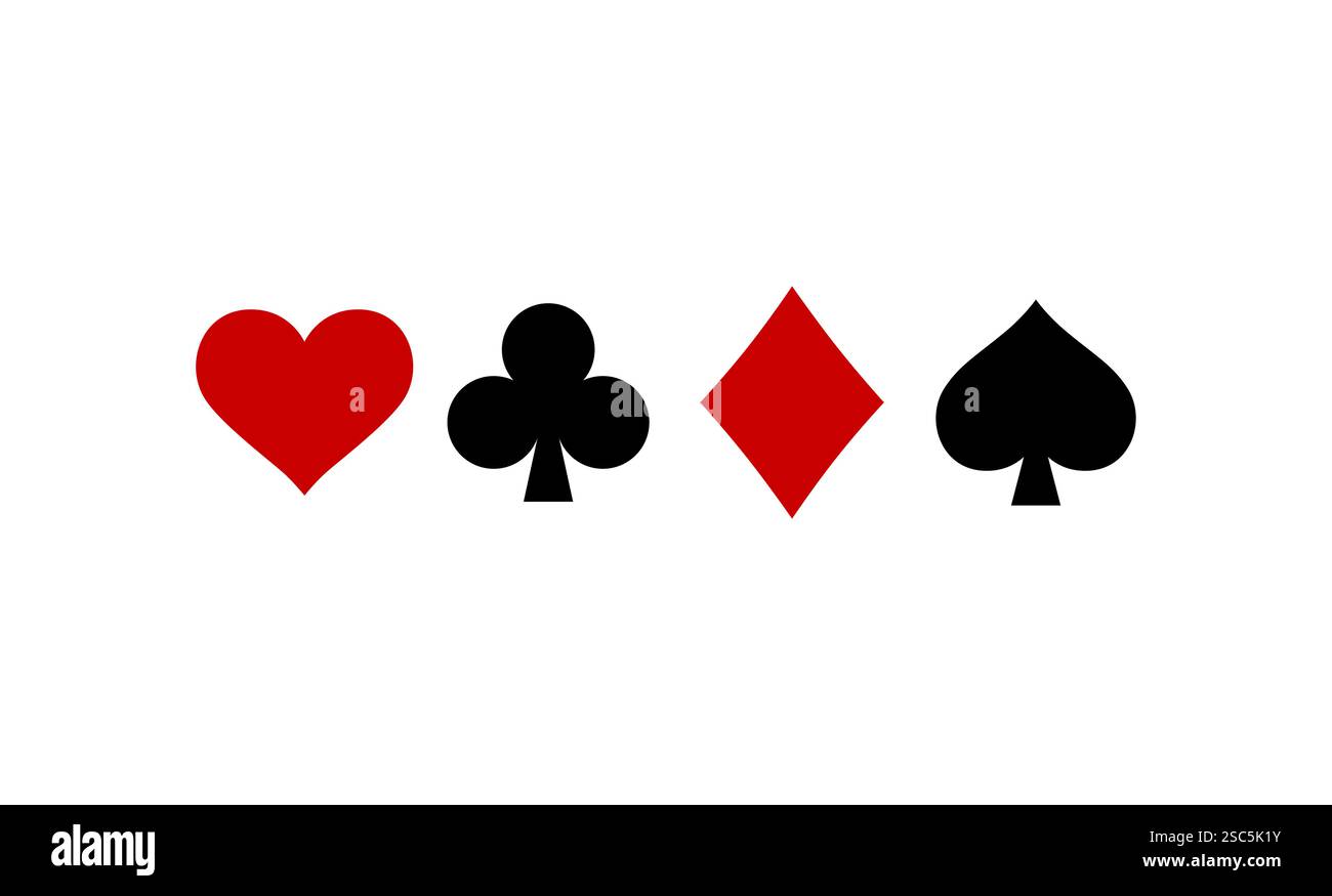 Icone della tuta delle carte, Suit Diamonds Hearts Spades Icons, Casino Poker ed elementi grafici del gioco d'azzardo. Illustrazione Vettoriale