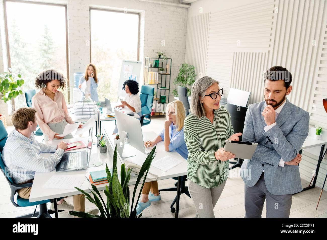 Team di professionisti che collaborano in un moderno ambiente di lavoro con colleghi diversi che indossano un abbigliamento formale Foto Stock