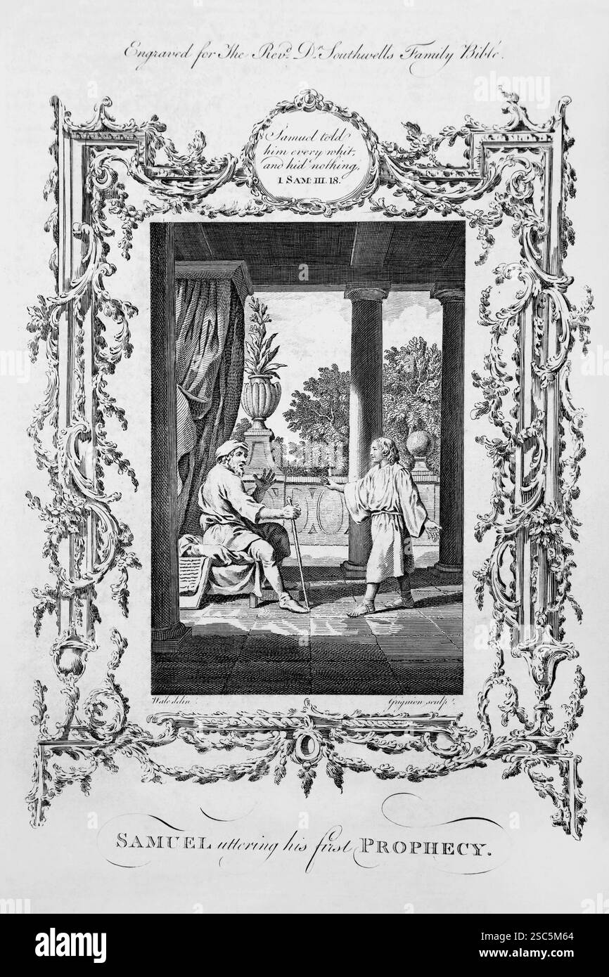 Copper-Plate Engraving of Samuel uttering HIS first Prophecy to Eli (Samuel) from Antique 1780 The Reverend Dr Southwell's Family Bible (The Universal Foto Stock