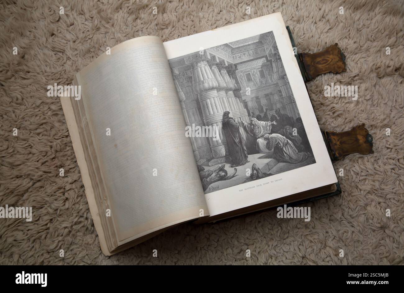 Incisione in legno degli Egizi che sollecita Mosè a partire da Esodo 10:22 di Gustave Dore in Antico XIX secolo The Illustrated National Family Bible with Foto Stock