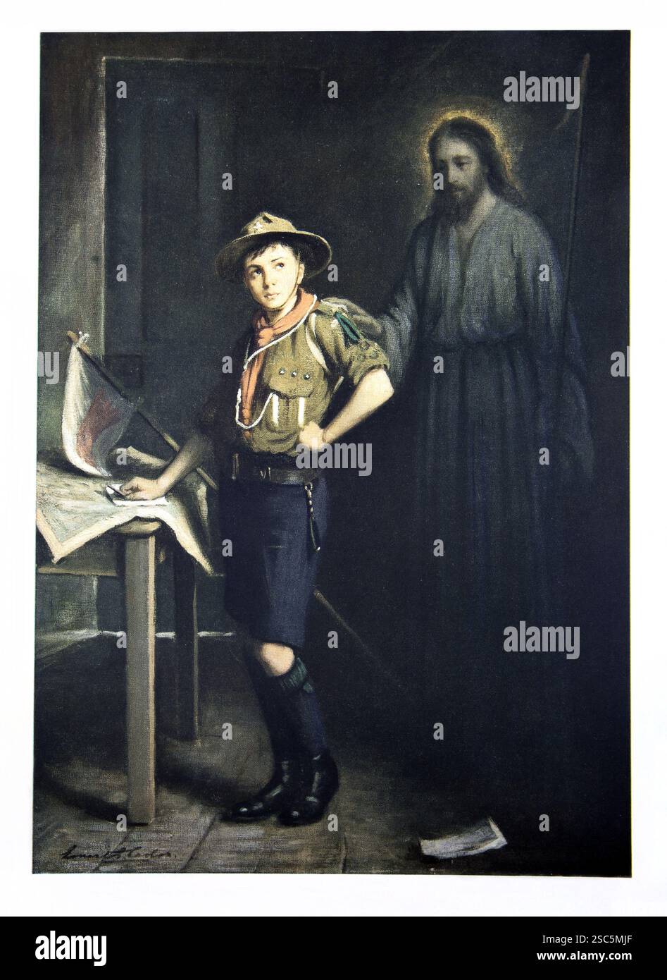A Print of the Painting the Pathfinder di Ernest Stafford Carlos with a Young Scout and Jesus Christ Hand on His Should Foto Stock