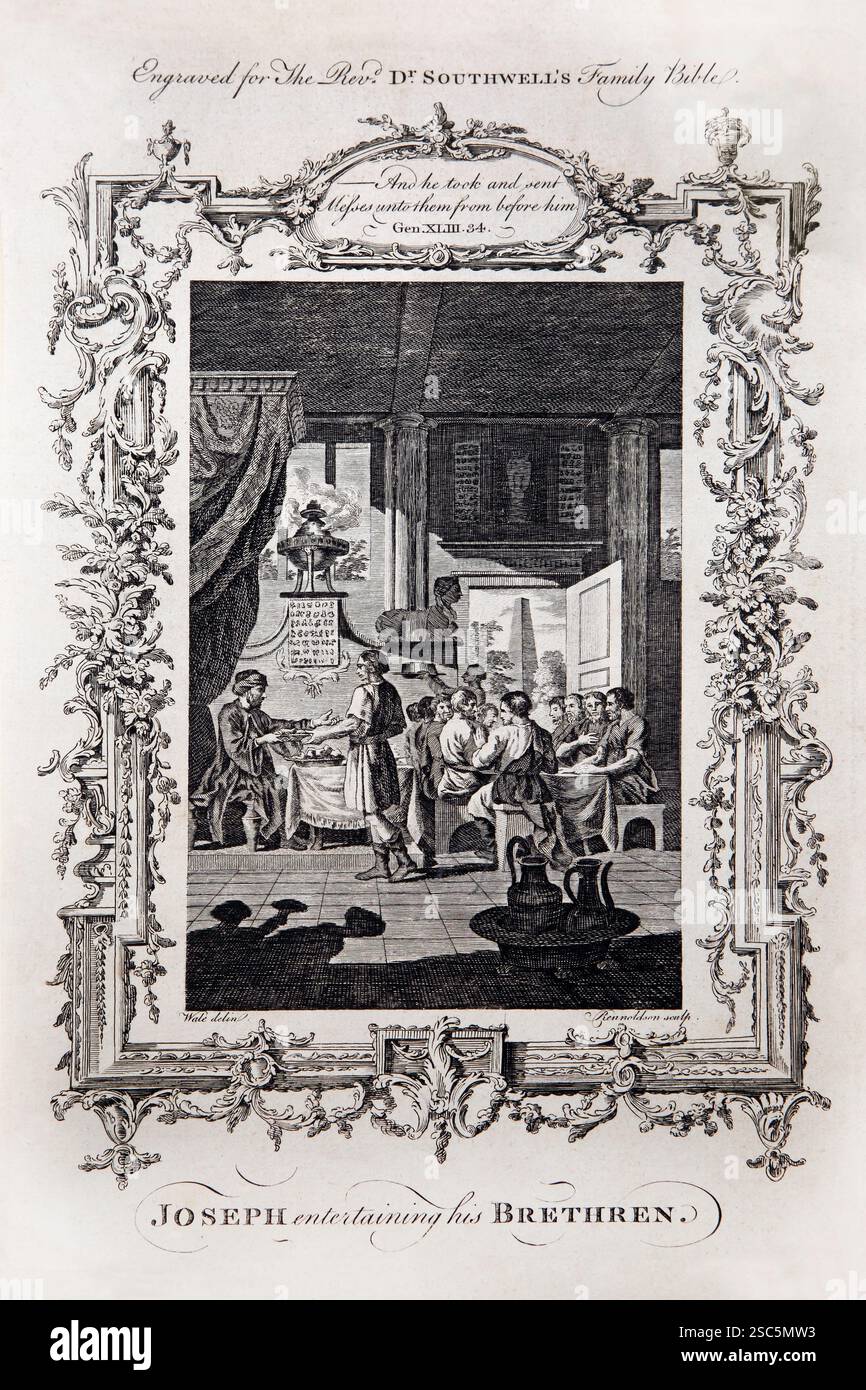 Incisione su lastre di rame di Giuseppe che intrattiene la sua Genesi dei Fratelli dall'Antica 1780 la Bibbia della famiglia del reverendo Dr Southwell (The Universal Family Bi Foto Stock