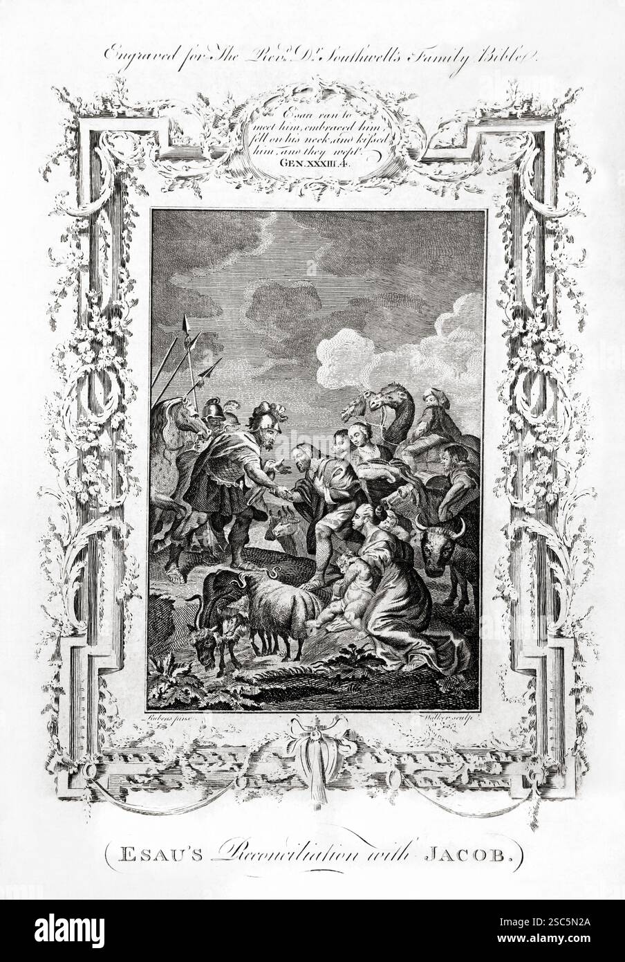 L'incontro di Giacobbe ed Esaù i Fratelli riconciliazione dopo che Giacobbe si inchinò al suolo 7 volte Esaù corse poi da suo fratello abbracciandolo Foto Stock
