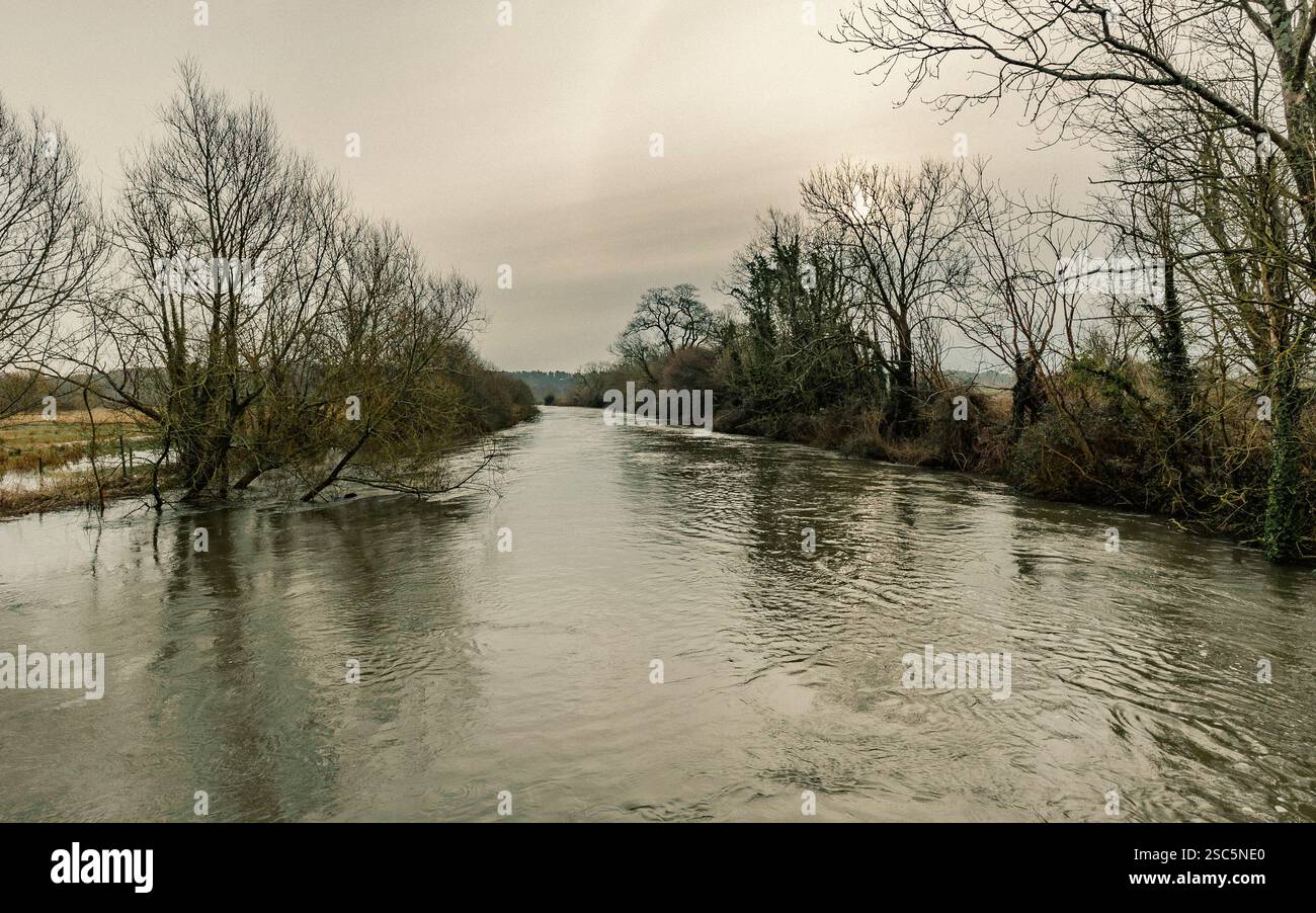 Paesaggio invernale con fiume pieno e cielo grigio riflesso nell'acqua Foto Stock