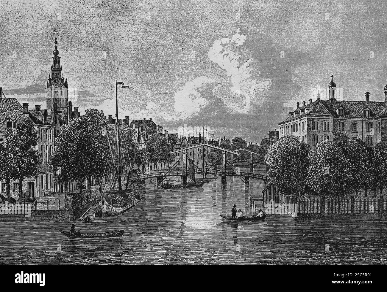 Paesi Bassi. Amsterdam. Incisione, 1858. Vista pittoresca. Canale di Groenburgwal. Foto Stock