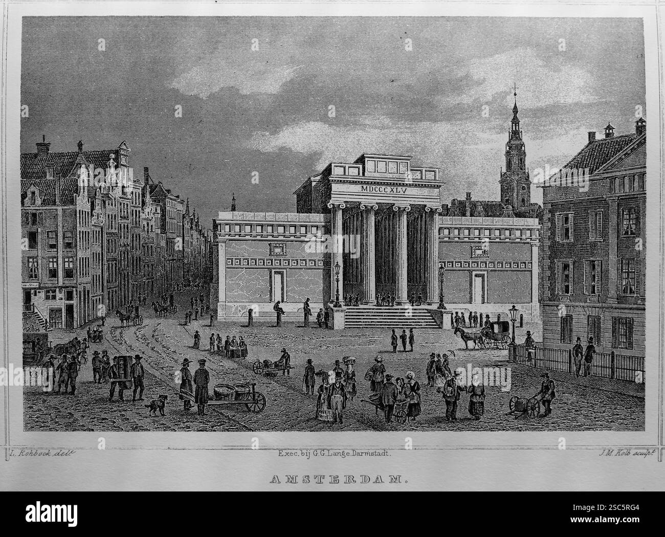 Paesi Bassi. Amsterdam. Lo Zocher Exchange sulla diga. Incisione, 1858. J.M. Kolb (incisore). xix secolo. Foto Stock