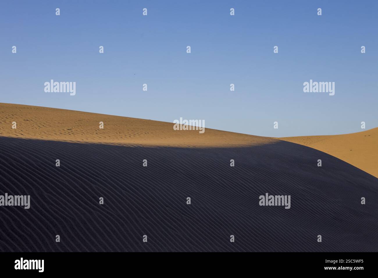 Dune di Maspalomas a Gran Canaria. Dune di sabbia con motivi, ombre e impronte deboli. Paesaggio desertico minimalista. Perfetto per la natura, t Foto Stock