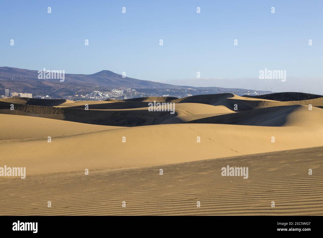 Dune di Maspalomas a Gran Canaria. Dune di sabbia con motivi, ombre e impronte deboli. Paesaggio desertico minimalista. Perfetto per la natura, t Foto Stock