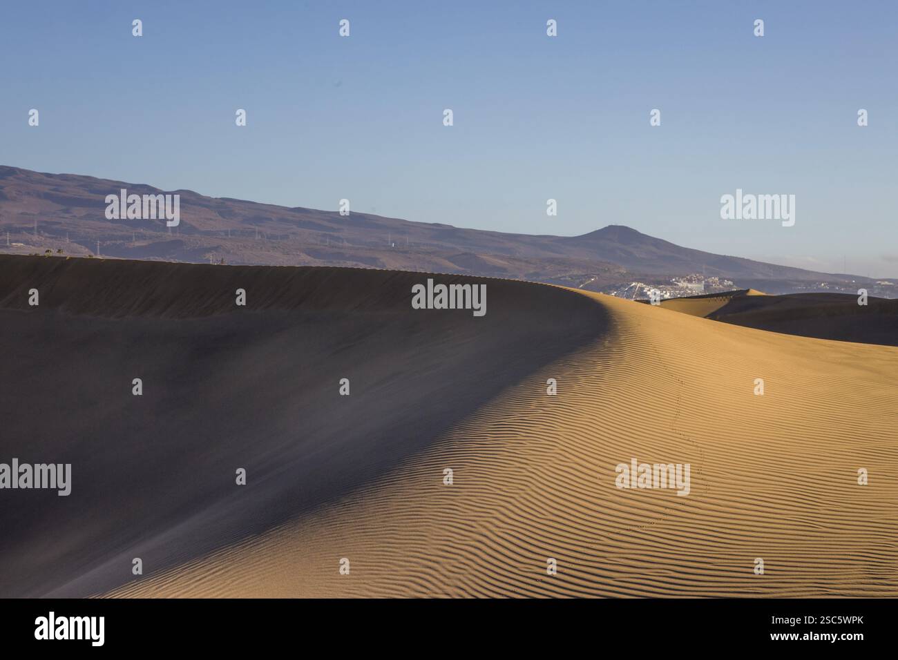 Dune di Maspalomas a Gran Canaria. Dune di sabbia con motivi, ombre e impronte deboli. Paesaggio desertico minimalista. Perfetto per la natura, t Foto Stock