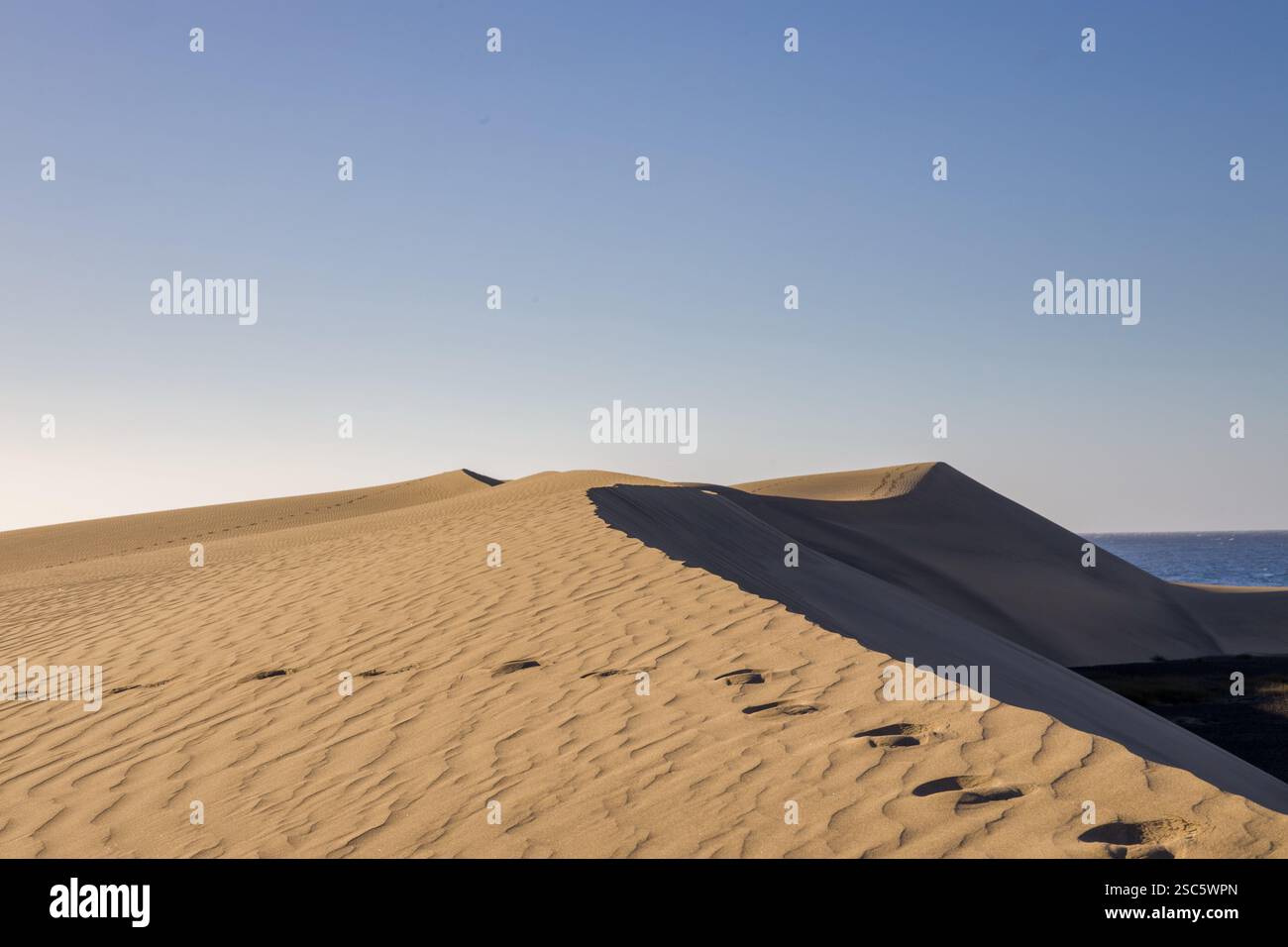 Dune di Maspalomas a Gran Canaria. Dune di sabbia con motivi, ombre e impronte deboli. Paesaggio desertico minimalista. Perfetto per la natura, t Foto Stock