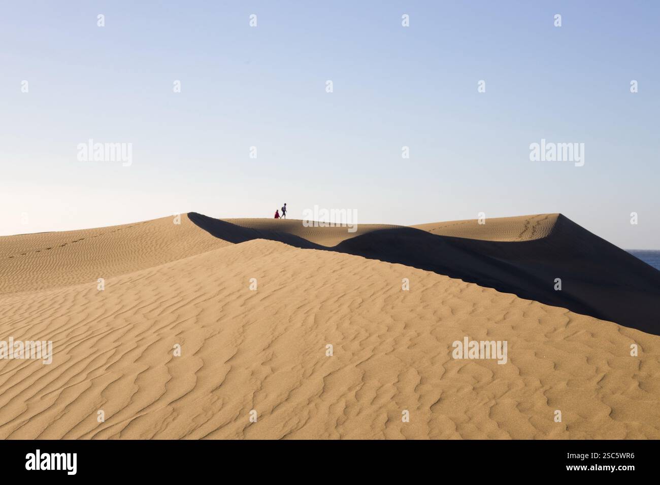 Dune di Maspalomas a Gran Canaria. Dune di sabbia con motivi, ombre e impronte deboli. Paesaggio desertico minimalista. Perfetto per la natura, t Foto Stock