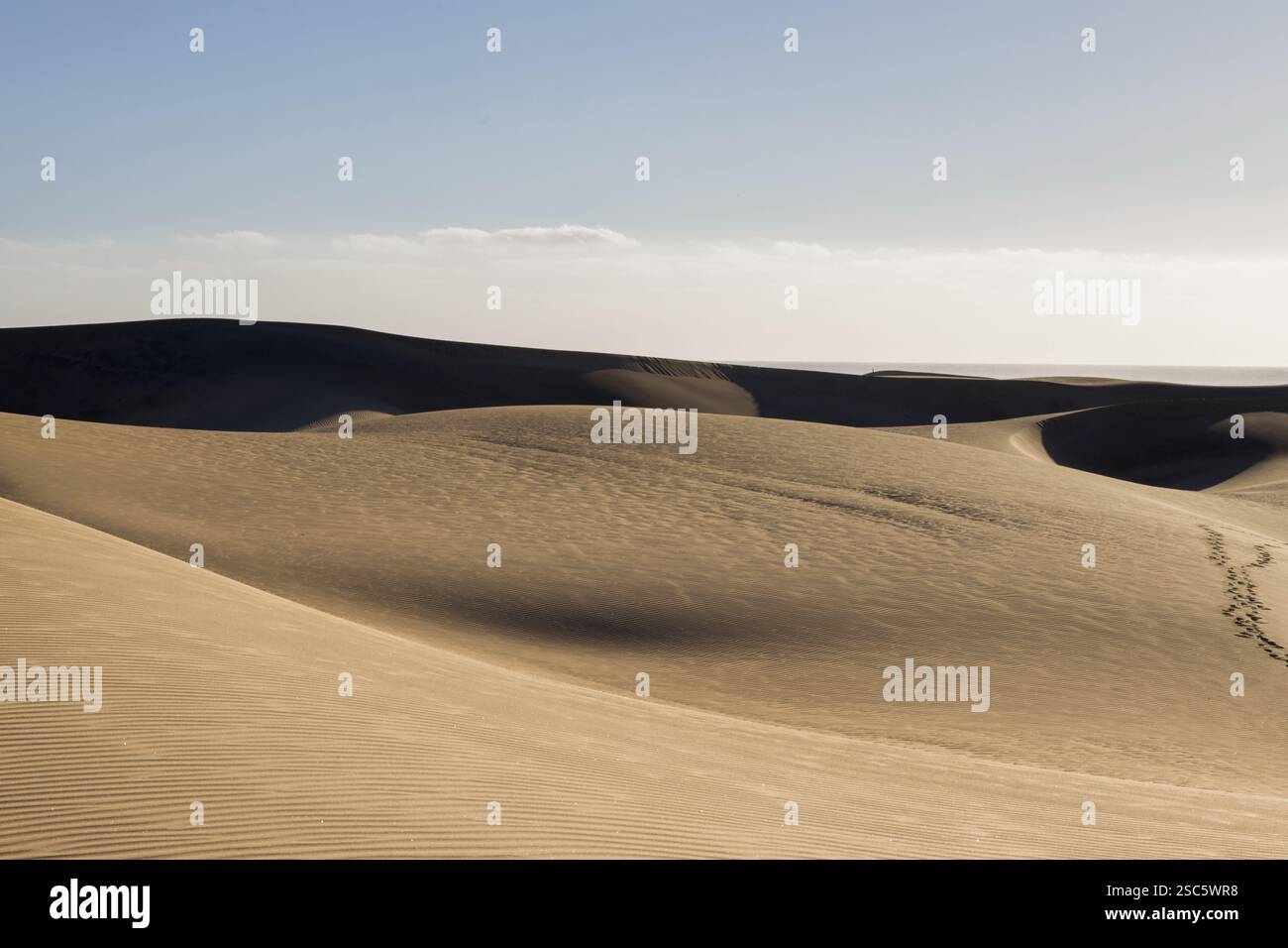 Dune di Maspalomas a Gran Canaria. Dune di sabbia con motivi, ombre e impronte deboli. Paesaggio desertico minimalista. Perfetto per la natura, t Foto Stock