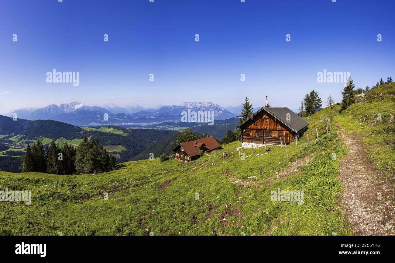 Sentiero escursionistico per l'Ochsenberg e l'Eibleck oltre l'Eibleckalm con Untersberg, gruppo Osterhorn, Salzkammergut, provincia di Salisburgo, Austria, Europa Foto Stock