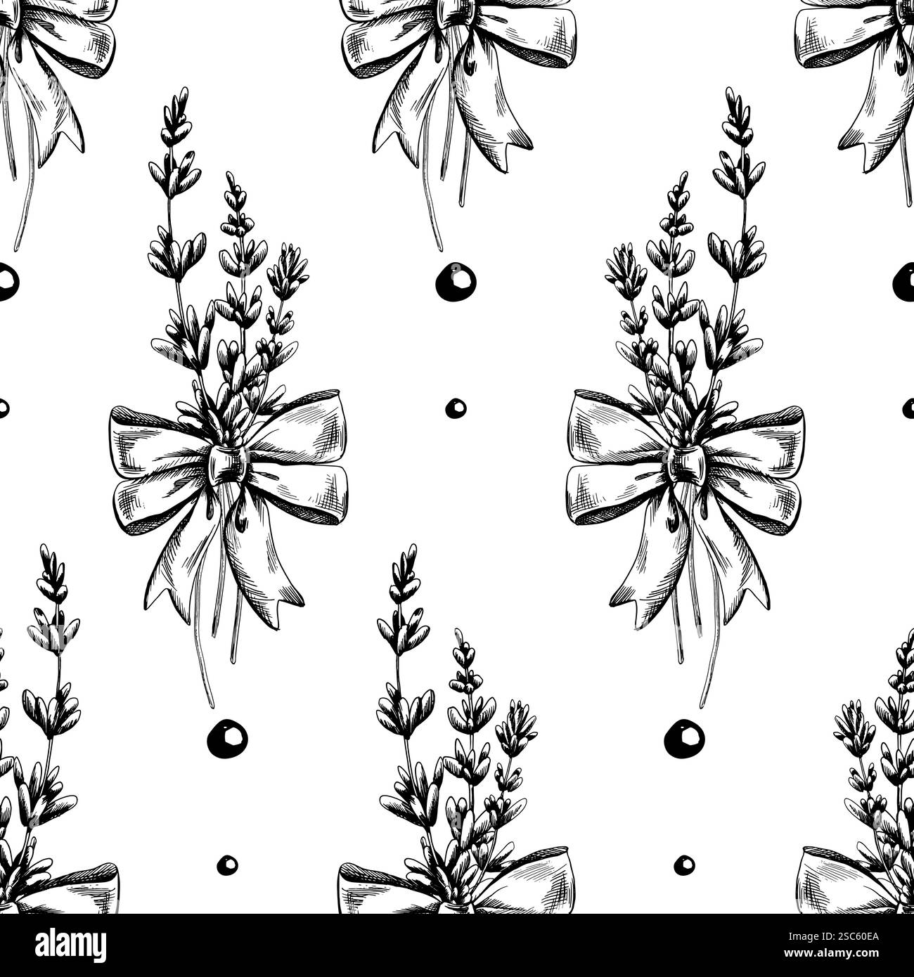 Fiori, ramoscelli di lavanda con archi collezione SPA LAVANDA. Illustrazione grafica line art disegnata a mano in bianco e nero monocromatico. Motivo senza cuciture Illustrazione Vettoriale