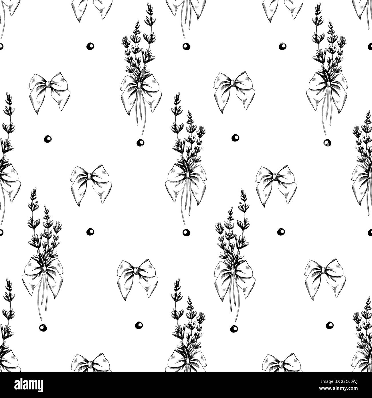 Fiori, ramoscelli di lavanda con archi collezione SPA LAVANDA. Illustrazione grafica line art disegnata a mano in bianco e nero monocromatico. Motivo senza cuciture Illustrazione Vettoriale