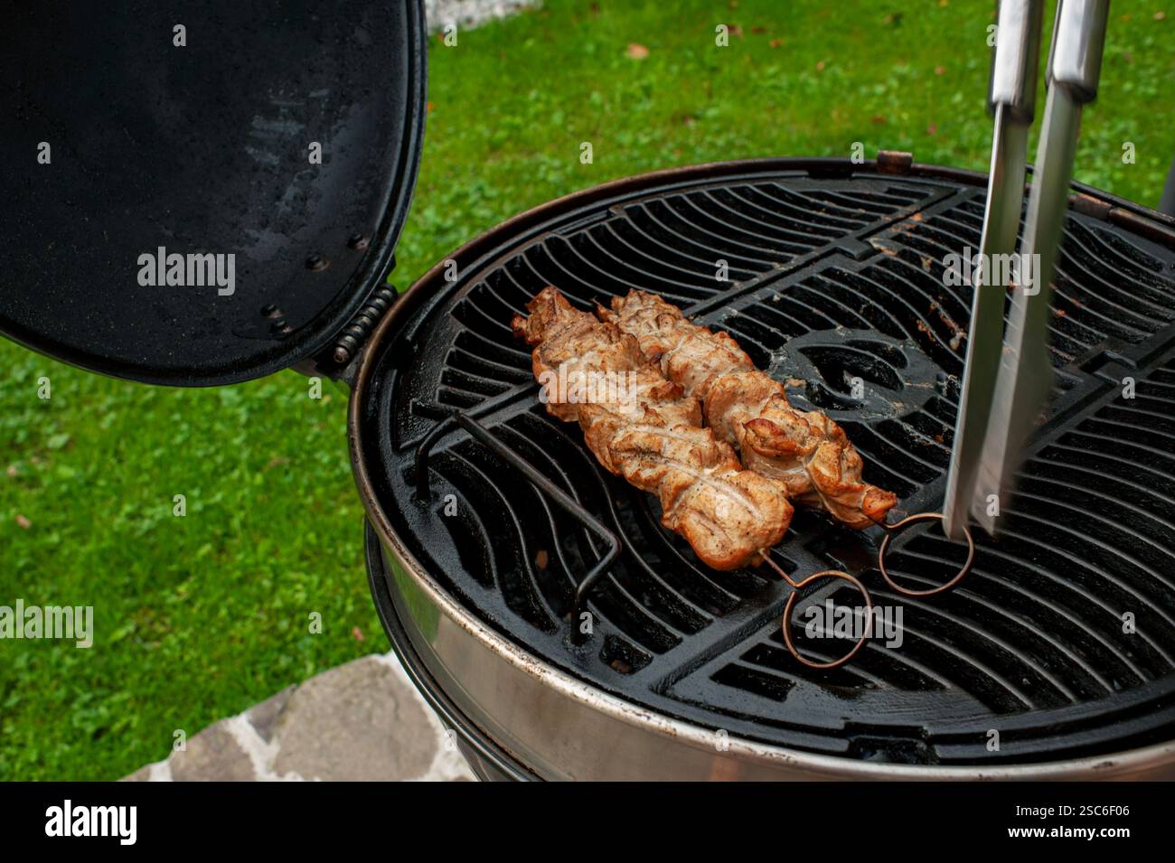 Gustosi cosce di pollo e ali alla griglia con fiamme. Un luogo preferito per rilassarsi, una siesta durante il caldo. Foto Stock
