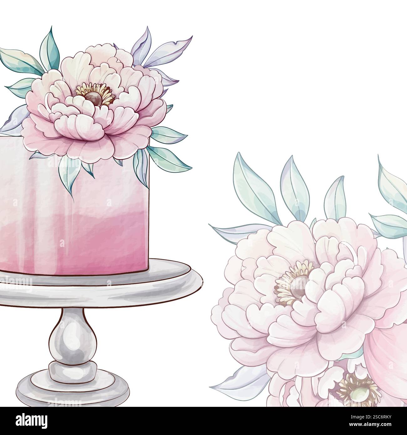 Una splendida rappresentazione di una torta rosa pastello con fiori freschi, che cattura l'essenza dell'eleganza e della dolcezza nel modello di arte dolciaria Illustrazione Vettoriale