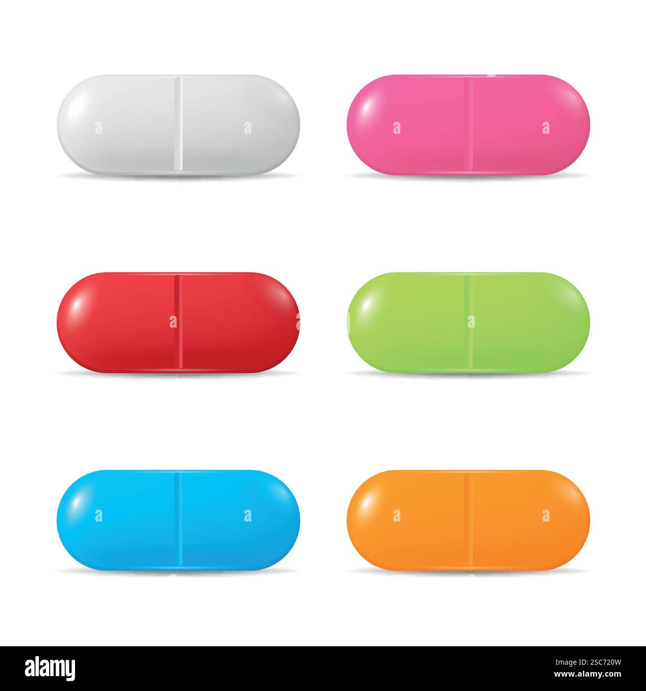 Illustrazione delle capsule colorate vettoriali. Set di pillole mediche, progettazione di capsule per medicina, sanità, pillole. Capsule nei colori vivaci Rosso, bianco, Rosa Illustrazione Vettoriale