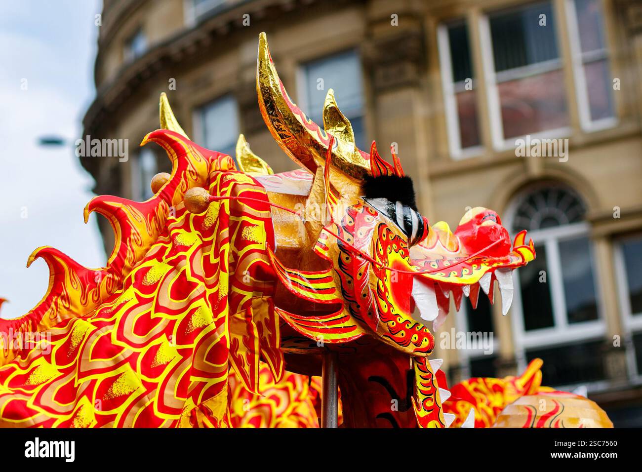 Vibrante testa di drago cinese con disegni colorati sulla strada della città durante un festival culturale il capodanno cinese parata newcastle upon tyne regno unito Foto Stock