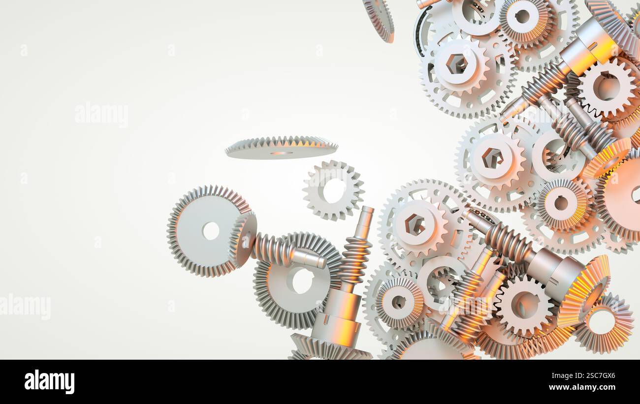 Gli ingranaggi sono parti di macchine. Industria delle macchine, metafora del progresso e del lavoro di squadra. Foto Stock