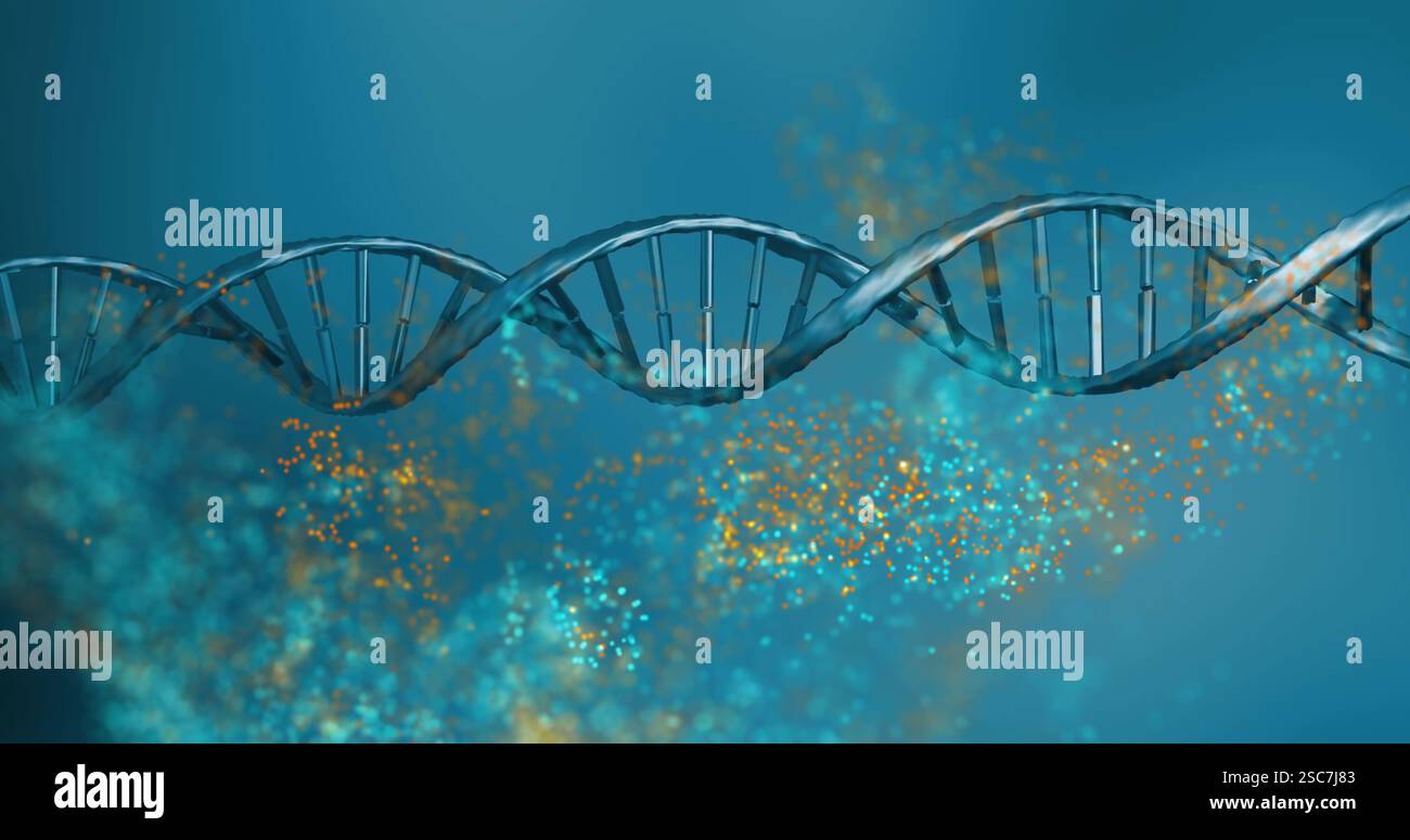Filamento di DNA con particelle ed effetti di luce, immagine scientifica Foto Stock