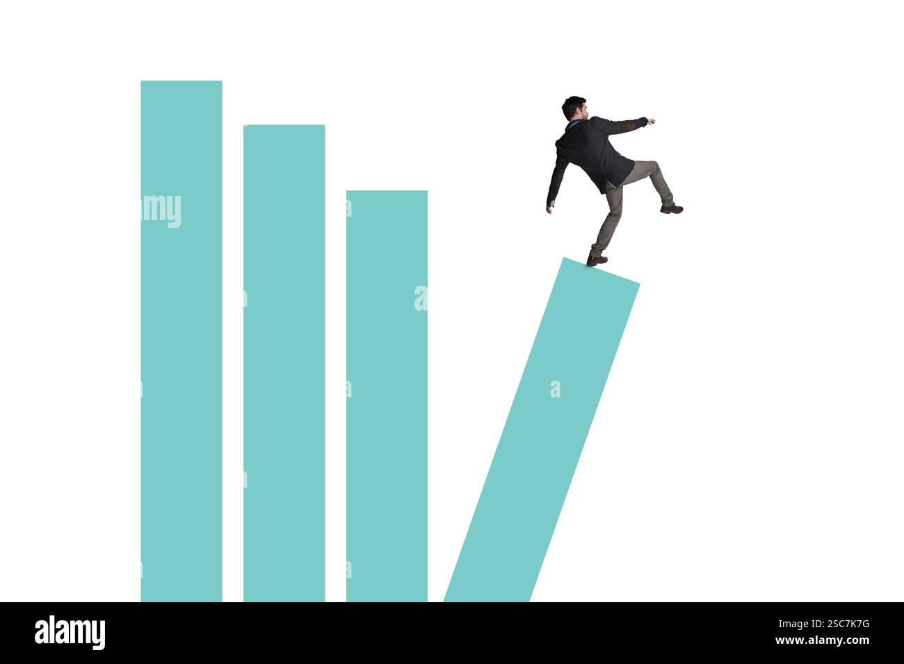 Finanza, uomo d'affari e caduta sul grafico per crisi economica, fallimento degli investimenti e calo dei prezzi azionari. Errore di criptovaluta, animazione e trader on Foto Stock