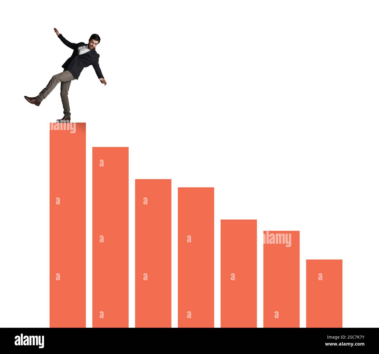 Bilancio finanziario, azionario o uomo d'affari su grafico per fallimento degli investimenti, variazione dei tassi di interesse o crollo dell'economia. Crisi finanziaria, spazio o operatore Foto Stock