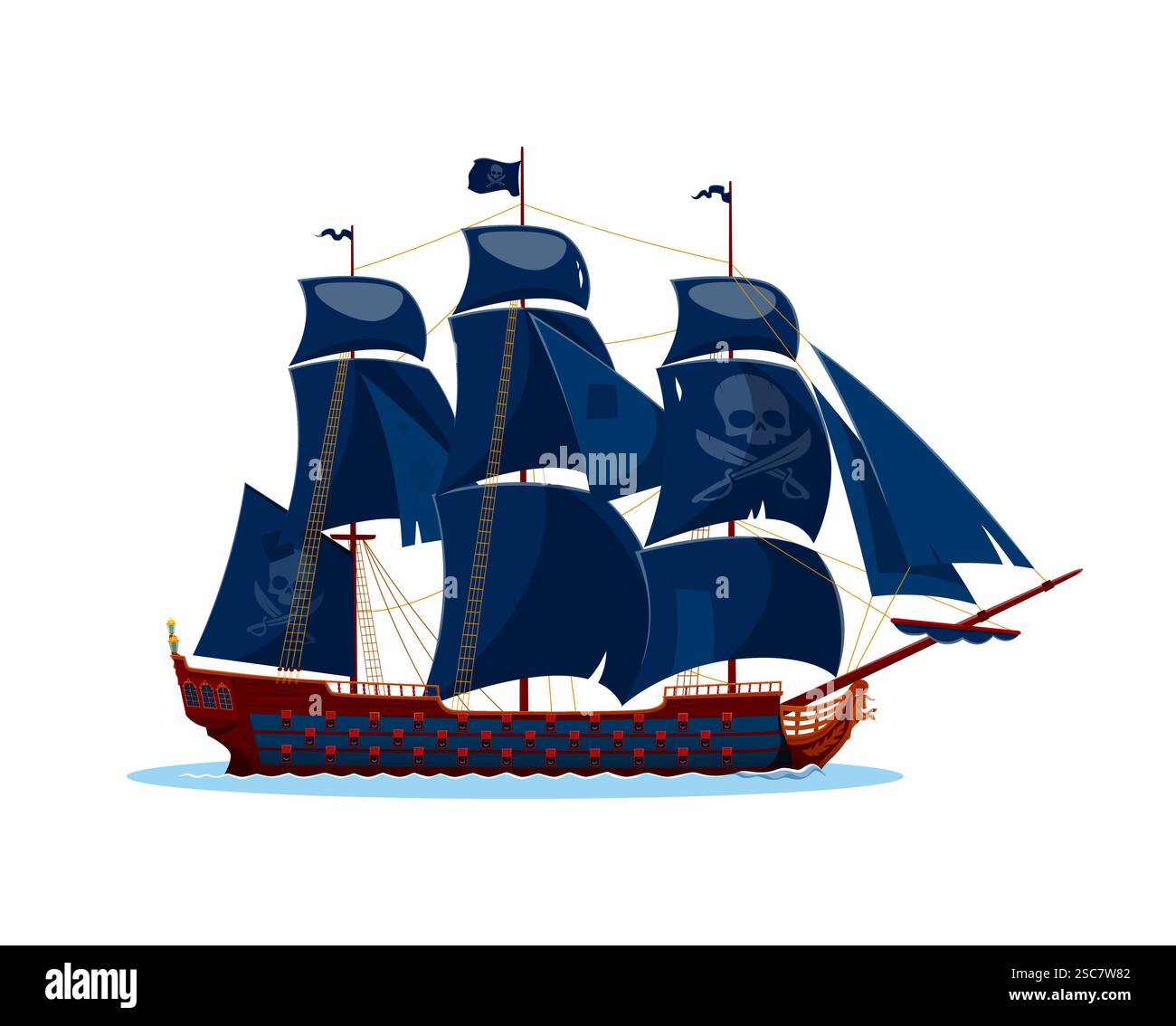 Nave pirata o barca a vela corsara con teschio Jolly Roger e spade incrociate, vettore di cartoni animati. Nave pirata o nave da guerra fregata con vele nere e lattina Illustrazione Vettoriale